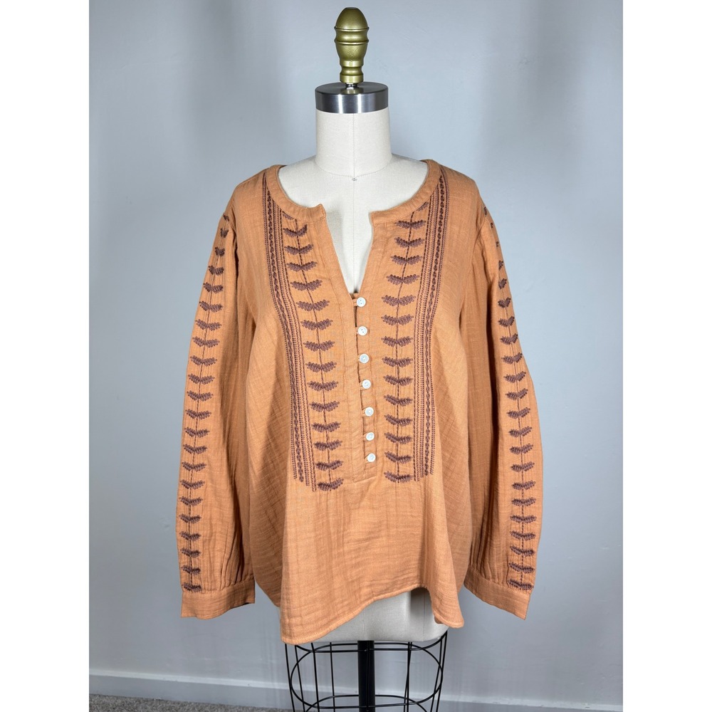 Pure Jill Womens Blouse LP Burnt Orange Embroidered Gauze Boho Peasant Top - Picture 14 of 14